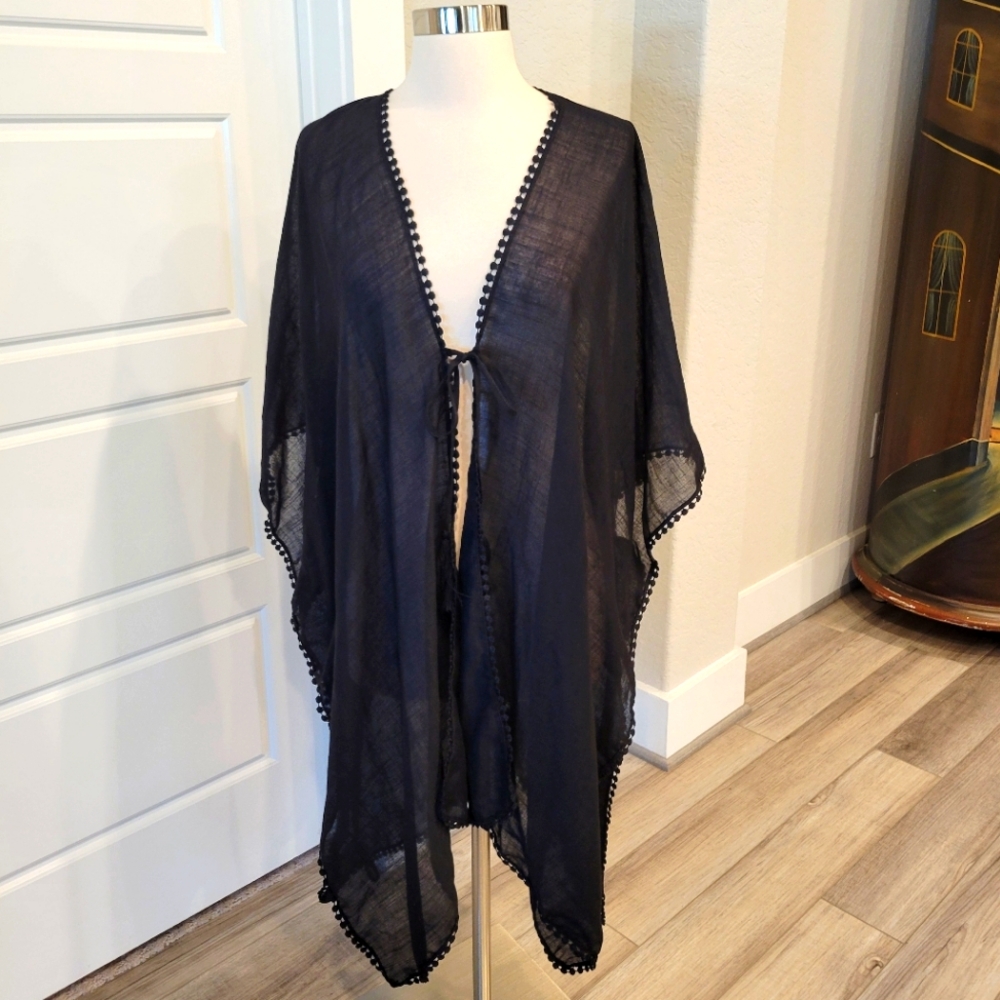 RACHEL ZOE WOMEN'S BLACK SEMI SHEER  CROCHET CAFTCAN O/S